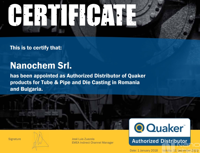 Certificat distribuitor autorizat Quaker industria de tevi si emulsii